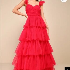Lulu's Fabulous Poise Bright Red Tulle Ruffled Tiered Maxi Dress